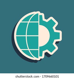 Green Globe of the Earth and gear or cog icon isolated on green background. Setting parameters. Global Options. Long shadow style. Vector Illustration