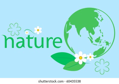 Green globe with flower and leaf. Eco Concept. Vector illustration.