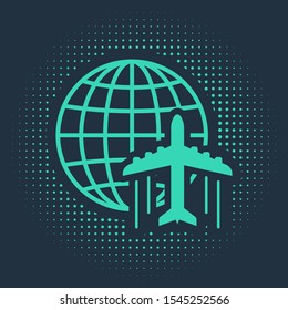 Green Globe with flying plane icon isolated on blue background. Airplane fly around the planet earth. Aircraft world icon. Abstract circle random dots. Vector Illustration