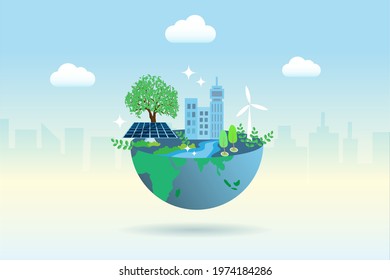 Green globe with friendly environment buildings, wind turbines and solar panels. Ecology, environment, earth day and natural resources concept.