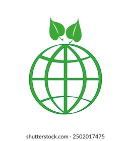 Green globe icon. Environmental earth symbol. Leaf and globe vector. Eco friendly design.