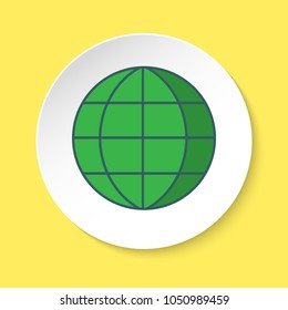Green globe icon in flat style on round button. Earth symbol isolated on white.