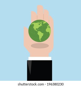Green globe icon in hand,vector ecology concept