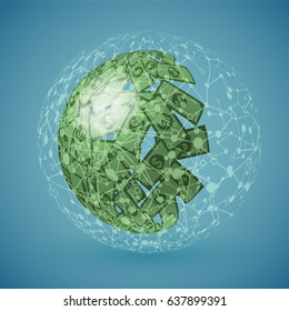 Green globe made of money with connections, vector illustration