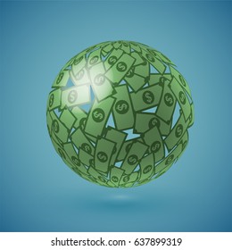 Green globe made of money, vector illustration