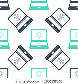 Green Globe on screen of laptop icon isolated seamless pattern on white background. Notebook computer with globe sign. Vector.