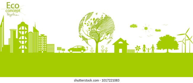 Green Globe On The Tree. Tree With Globe. Creative Drawing Ecological Concepts, With Happy Family Stories, The Concept Of Ecology, To Save The Planet. Environmentally Friendly World. Simple Modern.