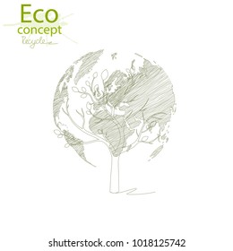 Green globe on the tree. Tree with globe. Creative drawing ecological concepts, With happy family stories, The concept of ecology, to save the planet. Environmentally friendly world.