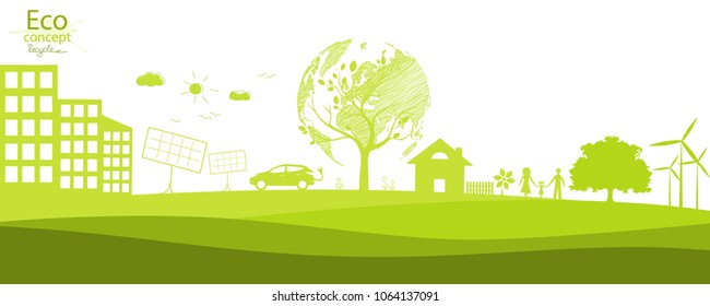 Green globe on the tree. Tree with globe. Creative drawing ecological concepts, With happy family stories, The concept of ecology, to save the planet. Environmentally friendly world. Simple modern.