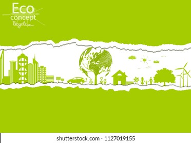 Green globe on the tree. Tree with globe. Creative drawing ecological concepts, With happy family stories, The concept of ecology, to save the planet. Environmentally friendly world. Simple modern.