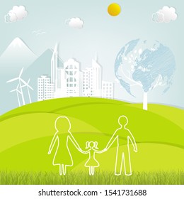 Green globe on the tree. Tree with globe. Creative drawing ecological concepts, With happy family stories, The concept of ecology, to save the planet. Environmentally friendly world. Doodle. Drawn