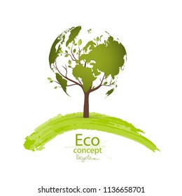 Green globe on the tree. Tree with globe. Environmentally friendly world. Creative drawing ecological concepts. Happy family stories. The concept of ecology, to save the planet. Vector illustration. 