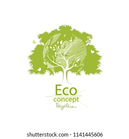 El globo verde en el árbol. Árbol con globo. Un mundo respetuoso con el medio ambiente. Conceptos ecológicos de dibujo creativos. Felices historias familiares. El concepto de ecología, para salvar el planeta. Ilustración vectorial. 