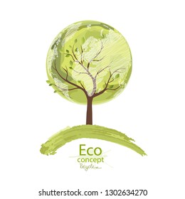 Green globe on the tree. Tree with globe. Environmentally friendly world. Creative drawing ecological concepts. Happy family stories. The concept of ecology, to save the planet. Vector illustration. 