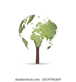 Green globe on the tree. Tree with globe. Environmentally friendly world. Creative drawing ecological concepts. Happy family stories. The concept of ecology, to save the planet. Vector illustration.
