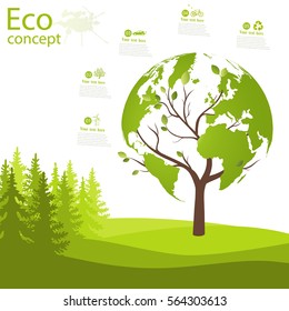 Green globe on the tree. Tree with globe on grass. Eco friendly. The concept of ecology. Ecologically clean world landscape. Vector illustration.