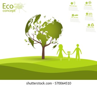 Green globe on the tree. Tree with globe on grass. Eco friendly. The concept of ecology. Ecologically clean world landscape. Vector illustration.