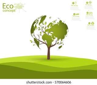 Green globe on the tree. Tree with globe on grass. Eco friendly. The concept of ecology. Ecologically clean world landscape. Vector illustration.