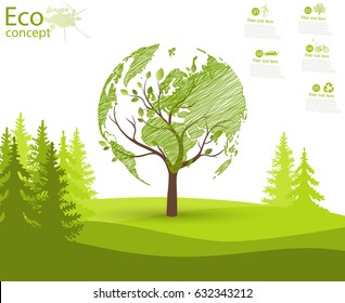 Green globe on the tree. Tree with globe on grass. Eco friendly. The concept of ecology. Ecologically clean world landscape. Illustration.