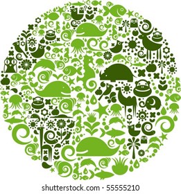 Green globe outline made from birds, animals and flowers icons