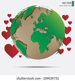 green globe and red heart recycled paper artwork, the world map that can see almost entire all countries, save the earth design concept vector illustration