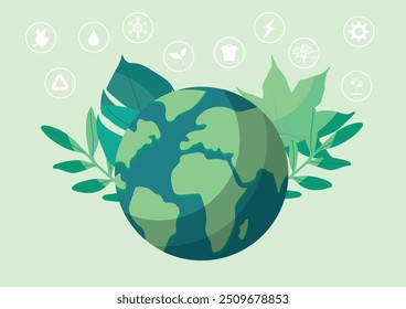 A green globe surrounded by leaves and icons symbolizing environmental sustainability and eco-friendliness. Sustainability illustration. ESG concept	