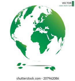 green globe that can see almost entire world map with green leaves, green earth vector illustration design concept campaign