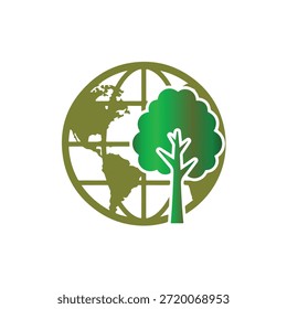 Ein grüner Globus mit einem Baum auf der rechten Seite, der die Umweltfreundlichkeit und den Schutz der Erde symbolisiert, in einem einfachen Vektorstil