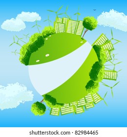 Green globe with trees, sities and wind turbines.