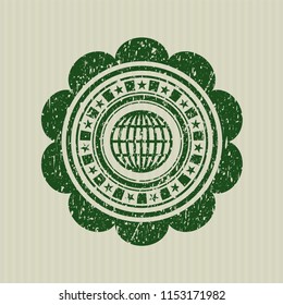 Green globe, website icon inside distress rubber stamp with grunge texture