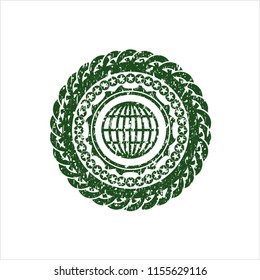Green globe, website icon inside distressed rubber stamp with grunge texture