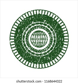 Green globe, website icon inside distressed rubber grunge texture stamp