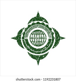 Green globe, website icon inside distress grunge stamp