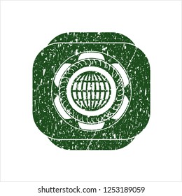 Green globe, website icon inside distressed rubber grunge stamp