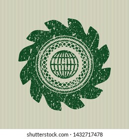 Green globe, website icon inside distressed grunge style stamp