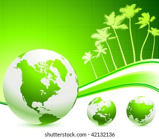 green globes on internet background with palm trees