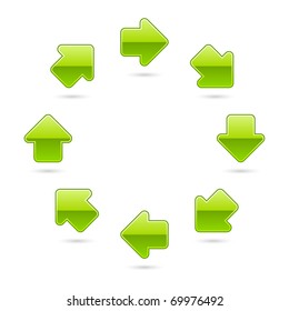 Green glossy arrow icon web 2.0 button with shadow on white background