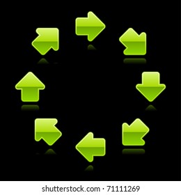 Green glossy arrow icon web 2.0 button. Color shapes with color reflection on black
