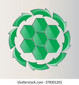 green glossy arrows in a circular motion around the hexagons on a light background