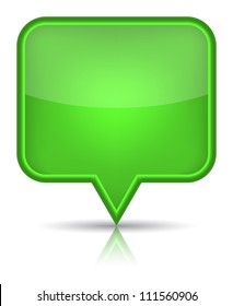 Green glossy blank map pin icon web button. Rounded rectangle shape with black shadow and reflection on white background.