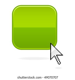 Green glossy blank rounded squares button and cursor with drop shadow on white