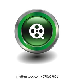 Green glossy button with metallic elements and white icon motion picture film reel, vector design for website
