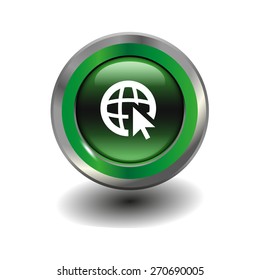 Green glossy button with metallic elements and white icon go to web, vector design for website