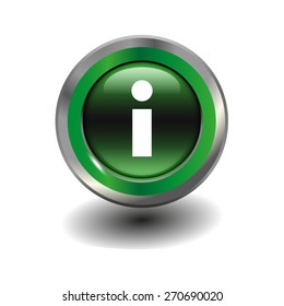 Green glossy button with metallic elements and white icon information, vector design for website