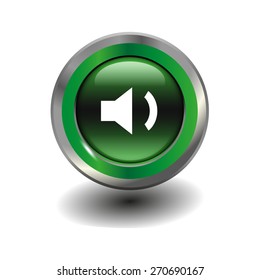 Green glossy button with metallic elements and white icon volume low, vector design for website