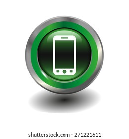 Green glossy button with metallic elements and white icon smartphone, vector design for website