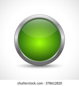 Green glossy button with metallic elements. Template for icons