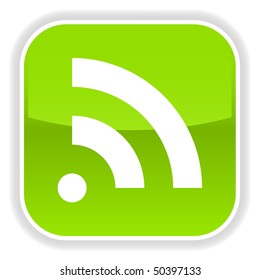 Green glossy button with rss symbol on white