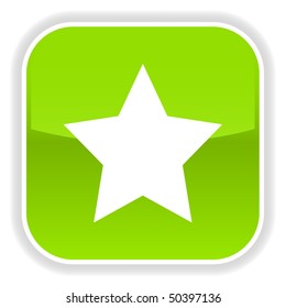 Green glossy button with star symbol on white