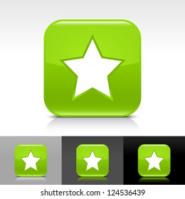 Green glossy button with white star sign. Rounded square shape icon with reflection, shadow on white, gray, black backgrounds. Vector illustration web design elements in 8 eps